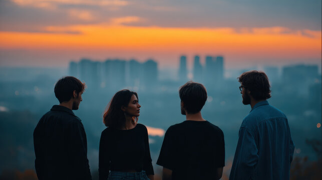 Young people standing on hilltop at sunset with cityscape background documentary storytelling brand