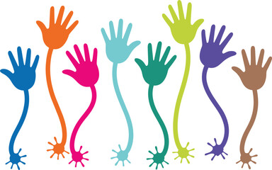 Fototapeta premium Colorful raised hands vector illustration with playful paint splashes isolated creative community support design artwork