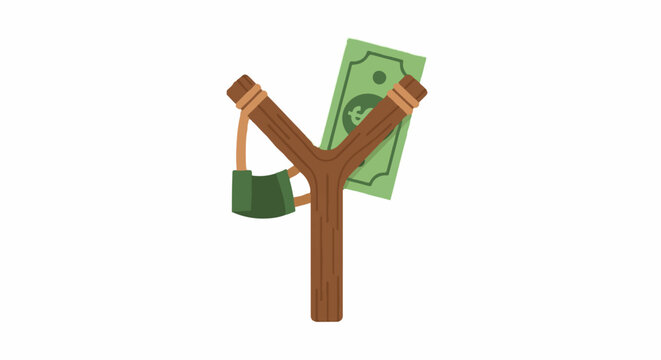 Illustration of money tied to wooden slingshot setup.