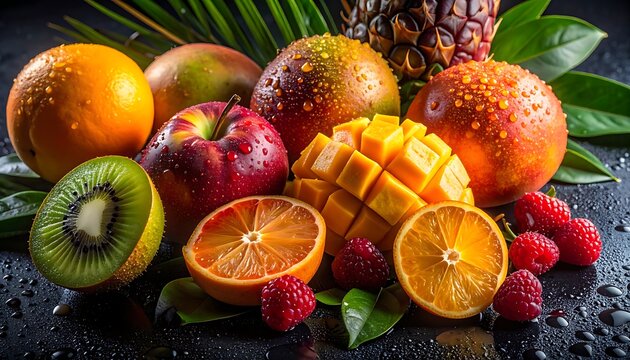 Fresh tropical fruit arrangement with green leaves on dark surface