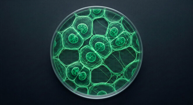Microscopic 3D illustration of cells dividing inside a petri dish with a green digital tech grid overlay, depicting regenerative medicine and biotech concept
