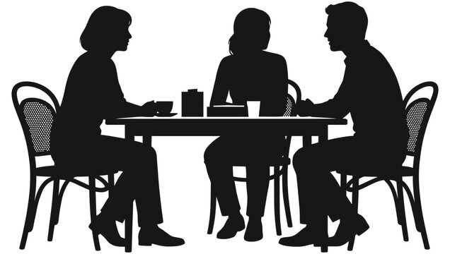 Silhouette of three people sitting at a table talking, friends or colleagues meeting in a cafe