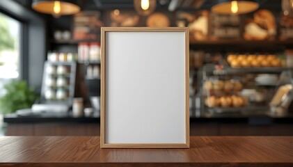 Fototapeta premium Blank Poster Frame Mockup with Blurred Coffee Shop Background