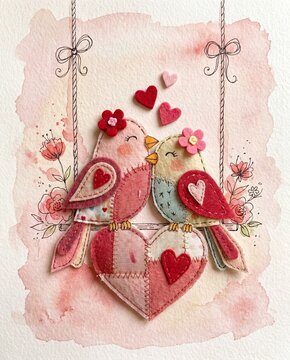Handmade Valentine Lovebirds Watercolor Textile Collage Illustration