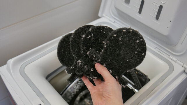 Woman holding laundry lint catchers full of lint and pet hair after washing clothes in a top-loading washing machine. Close-up of household laundry maintenance and cleaning process