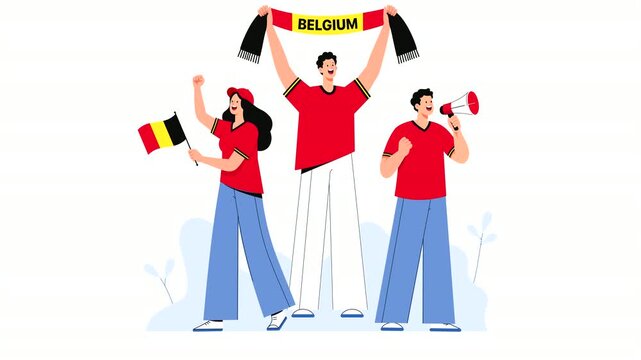 Editorial vector animation of Belgium football supporters celebrating victory with flags, scarves, and cheers. Modern flat character motion graphics for soccer, sports events, and Belgian fan culture.