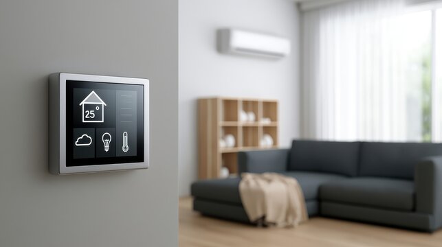 Smart home wall mounted thermostat controller in modern living room interior