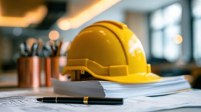 Yellow safety hard hat on a stack of blueprints and architectural plans with a pen in a blurred office setting