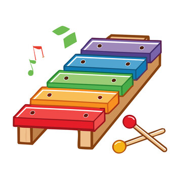 Colorful cartoon xylophone with mallets and music notes