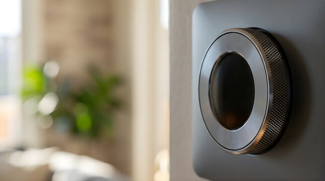 Modern smart home thermostat mounted on a wall in a bright residential interior