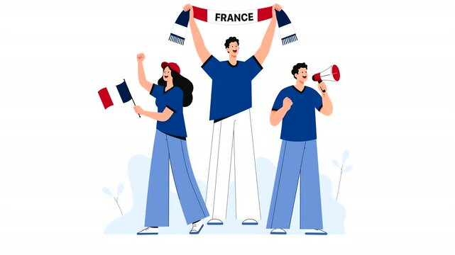 Editorial vector animation of France football supporters celebrating victory with flags, scarves, and cheers. Modern flat character motion graphics for soccer, sports events, and French fan culture.