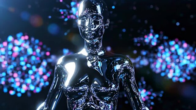 Reflective human-like figure suspended in dark space as distant glowing data clusters remain far away, cinematic close-up, futuristic isolation, autonomy, detachment concept.