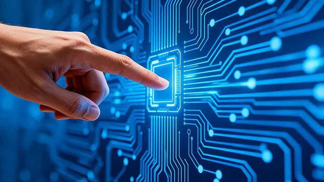 Hand touching glowing circuit board