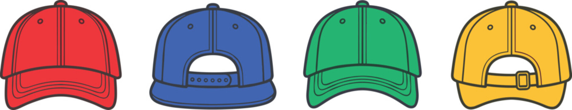 Baseball Cap Vector Mockup Set Featuring Front and Back Views in Red Blue Green and Yellow Colors for Sports Apparel Graphic Identity Designs