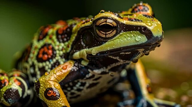 Vibrant tropical tree frog perched in a lush rainforest environment