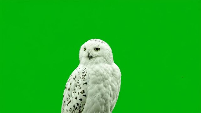 Snowy owl looking around and hooting on green screen