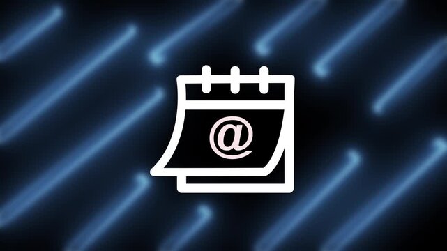 Glowing white calendar icon vector with email symbol on dark background with blue neon lines for booking schedule online template