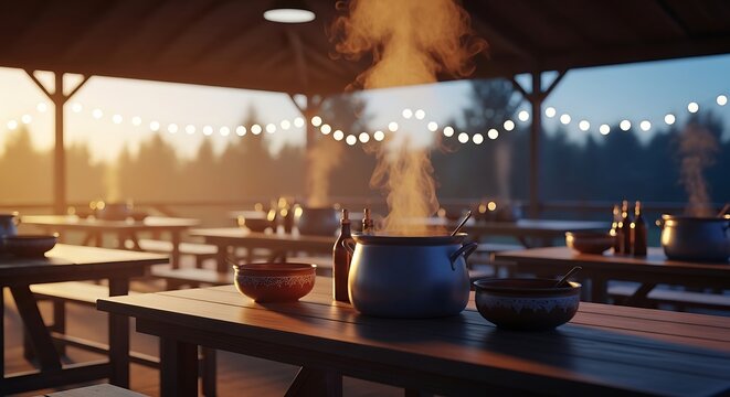 A steaming pot of chili at a community chili cookoff event set on wooden tables under warm string lights at dusk during an outdoor social gathering