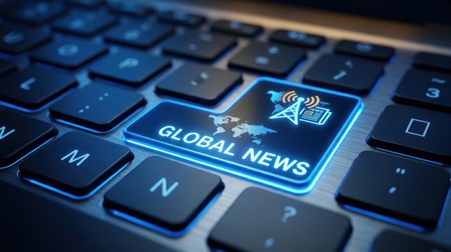 Futuristic glowing blue global news button key on laptop keyboard, featuring world map and broadcast tower icon representing digital media information technology concept.