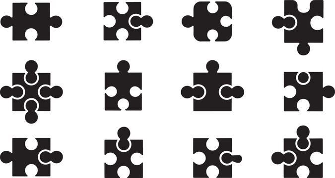 A comprehensive assortment of twelve black and white jigsaw puzzle piece in a grid, illustrating various connection states and configurations