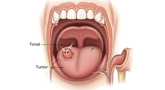 Illustration of a tongue tumor and tonsil indicating a cancerous growth in the mouth