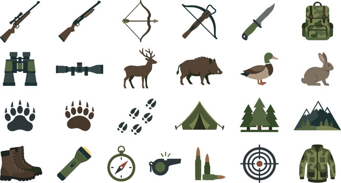 Hunting and Outdoor Camping Vector Icon Set with Rifles Weapons Animals and Gear for Forest Adventure Graphic DesignsHunting and Outdoor Camping Vector Icon Set with Rifles Weapons Animals and Gear fo