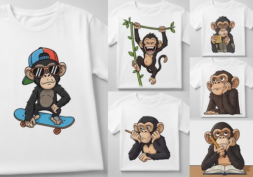 Playful monkey illustrations on t-shirts: cool skater, swinging, thoughtful. Vibrant art on apparel.