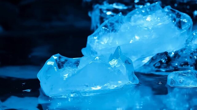 Close-up of melting ice cubes in water under blue lighting