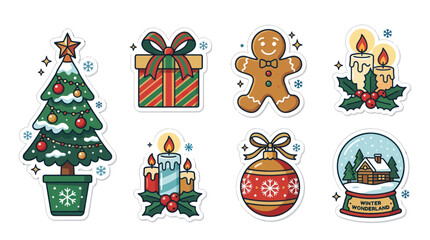 Fototapeta premium Christmas Stickers: Tree, Gift, Gingerbread Man, Candles, Bauble, Snow Globe