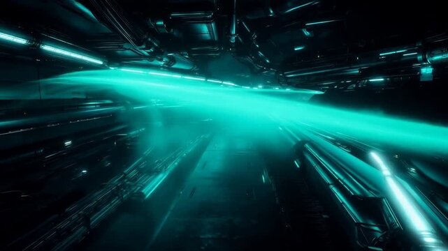 A high-speed journey through a futuristic, neon-lit tunnel with glowing teal lights and metallic structures.