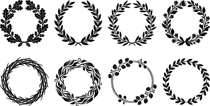 Set of Decorative Floral Wreaths and Circular Botanical Frames Silhouettes for Elegant Wedding and Graphic Design