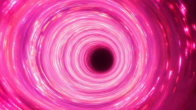 A swirling pink and red cosmic vortex with a dark central core, resembling a black hole in outer space.