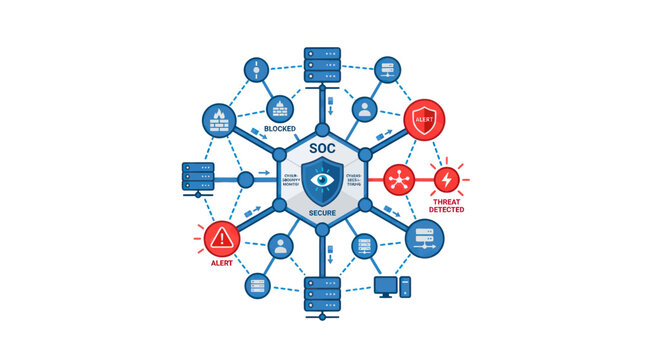 Cybersecurity SOC Network Diagram: Threat Detection, Alert System, Data Flow