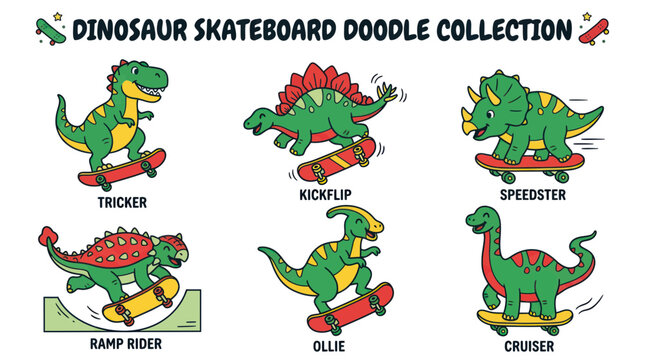 Cute Dinosaur Skateboard Doodle Collection - Tricker, Kickflip, Speedster, Ramp Rider, Ollie, Cruiser