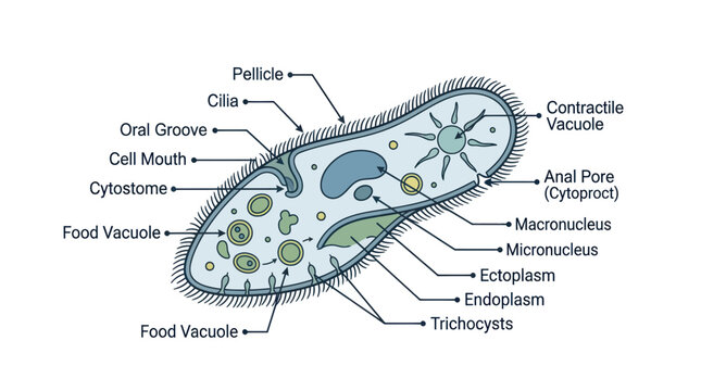Detailed illustration of Paramecium, a single-celled protozoan organism