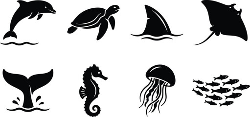 Fototapeta premium Set of Diverse Marine Life and Ocean Animal Silhouettes for Underwater and Wildlife Design Projects