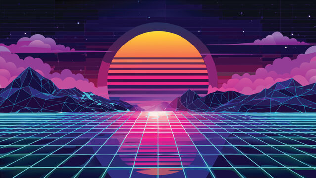 Retro synthwave landscape with glowing sunset and digital grid horizon synthwave retrowave landscape vaporwave eighties abstract technology background mountain computer wallpaper infinity