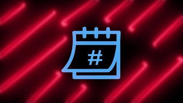 Light blue calendar icon vector with hashtag symbol on dark background with red neon lines for social media schedule templat