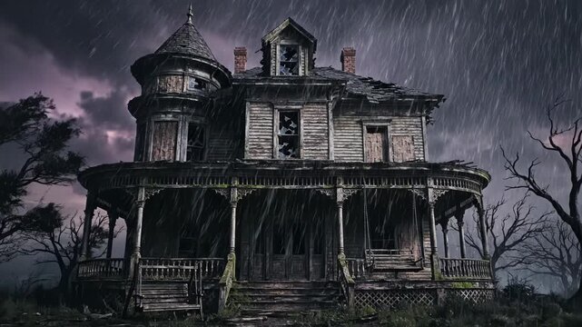 Large dilapidated Victorian house with a wooden porch under a dark stormy night sky featuring a bright lightning bolt, heavy rain, and silhouettes of bare trees in a desolate yard.