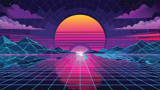 Neon sunset over cybernetic digital grid landscape in retro style with synthwave retrowave landscape background vaporwave eighties abstract technology mountain computer wallpaper infinity