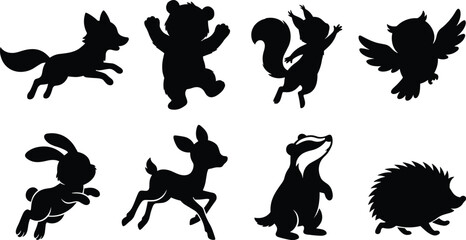 Obraz premium Cute Woodland Animal Silhouette Collection with Fox Bear Rabbit Deer and Owl
