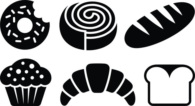Bakery food icons collection, bread pastry silhouette vector illustration isolated dessert design elements set