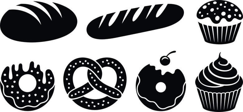 Bakery food silhouette collection, bread donut cupcake pastry vector illustration isolated black dessert design set