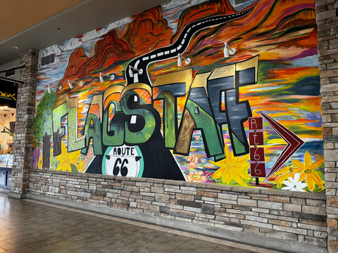 Flagstaff, Arizona - March 28, 2026: Interior view of the Flagstaff Mall at the food court, featuring local landmark Route 66