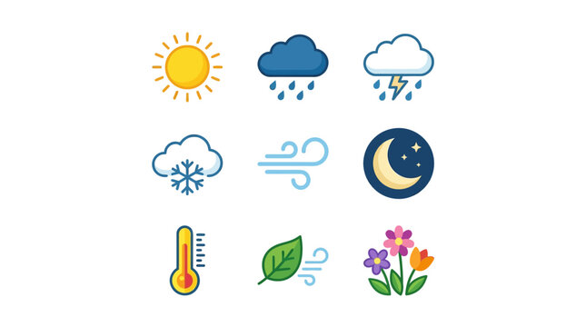 Sun, Rain, Snow, Thunderstorm, Moon - Flat Vector Illustrations on White Background