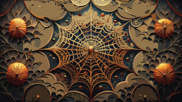 Intricate golden spider web pattern with spooky pumpkin elements on dark background spiderweb halloween decorative mysterious seasonal background illustration celebration abstract intricate