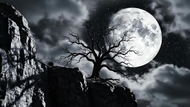 Full moon illuminating dark clouds in night sky behind silhouette of bare tree on jagged rocky cliff; monochrome landscape with visible stars and high contrast dramatic lighting.