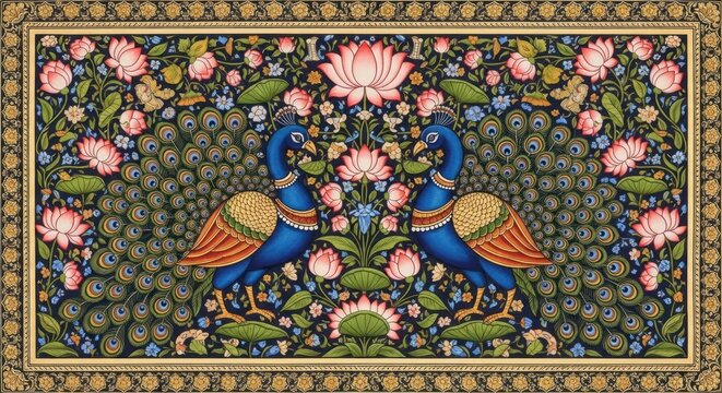 Exquisite Indian Miniature Painting of Two Majestic Peacocks Amidst Lush Floral Garden.