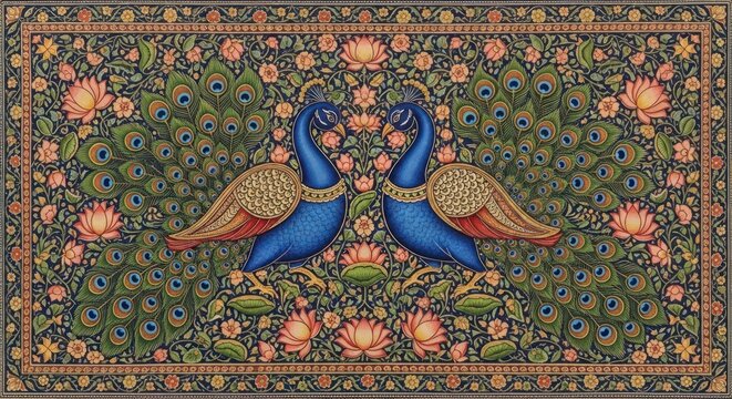 Exquisite Indian Miniature Painting of Two Majestic Peacocks Amidst Lush Floral Garden.
