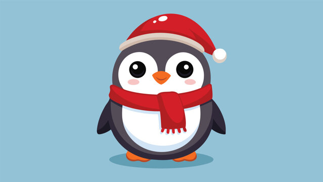 Cute cartoon penguin character wearing a red santa hat and scarf for christmas holiday design with christmas character celebration december illustration seasonal wildlife antartic clothing